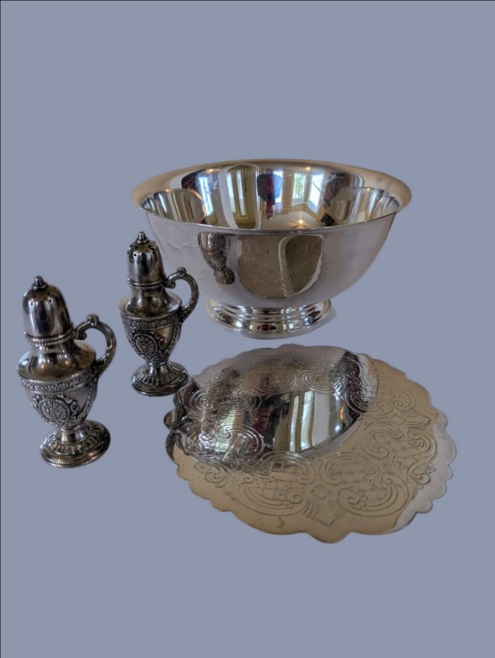 Vintage Silver Plated Serving Bowl, Platter & Salt Shaker Set Bundle Of 3